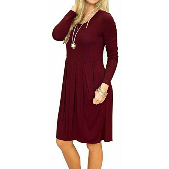 Wine Red T-shirt Dress with Pockets - Picture 3 of 7